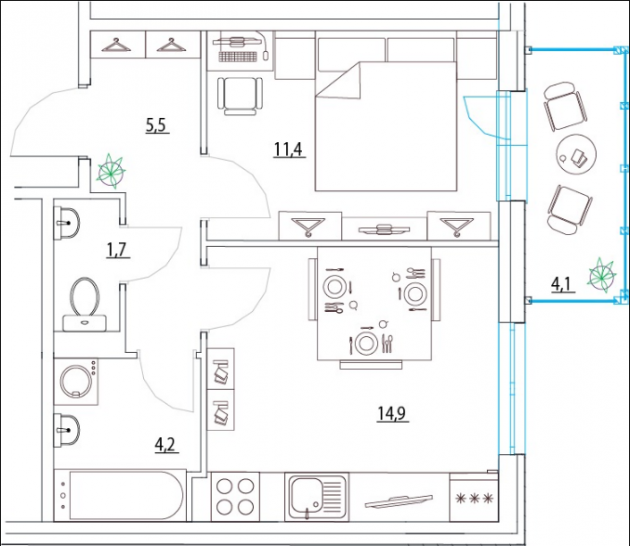 Однокомнатная квартира 39.75 м²